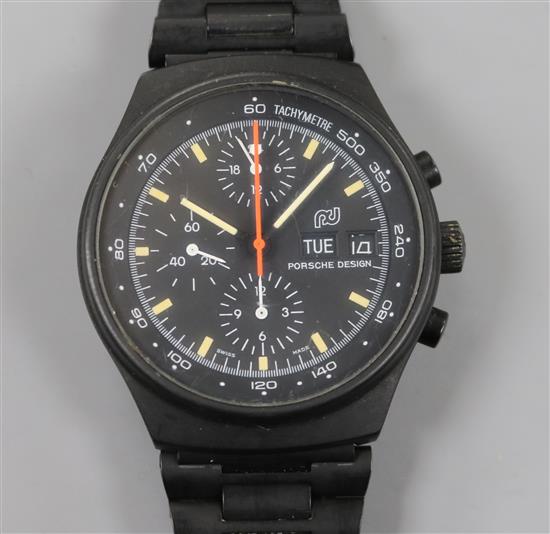 A gentlemans 1980s? blackened stainless steel Orfina Watch Co. Porsche Design black dial chronograph automatic wrist watch,